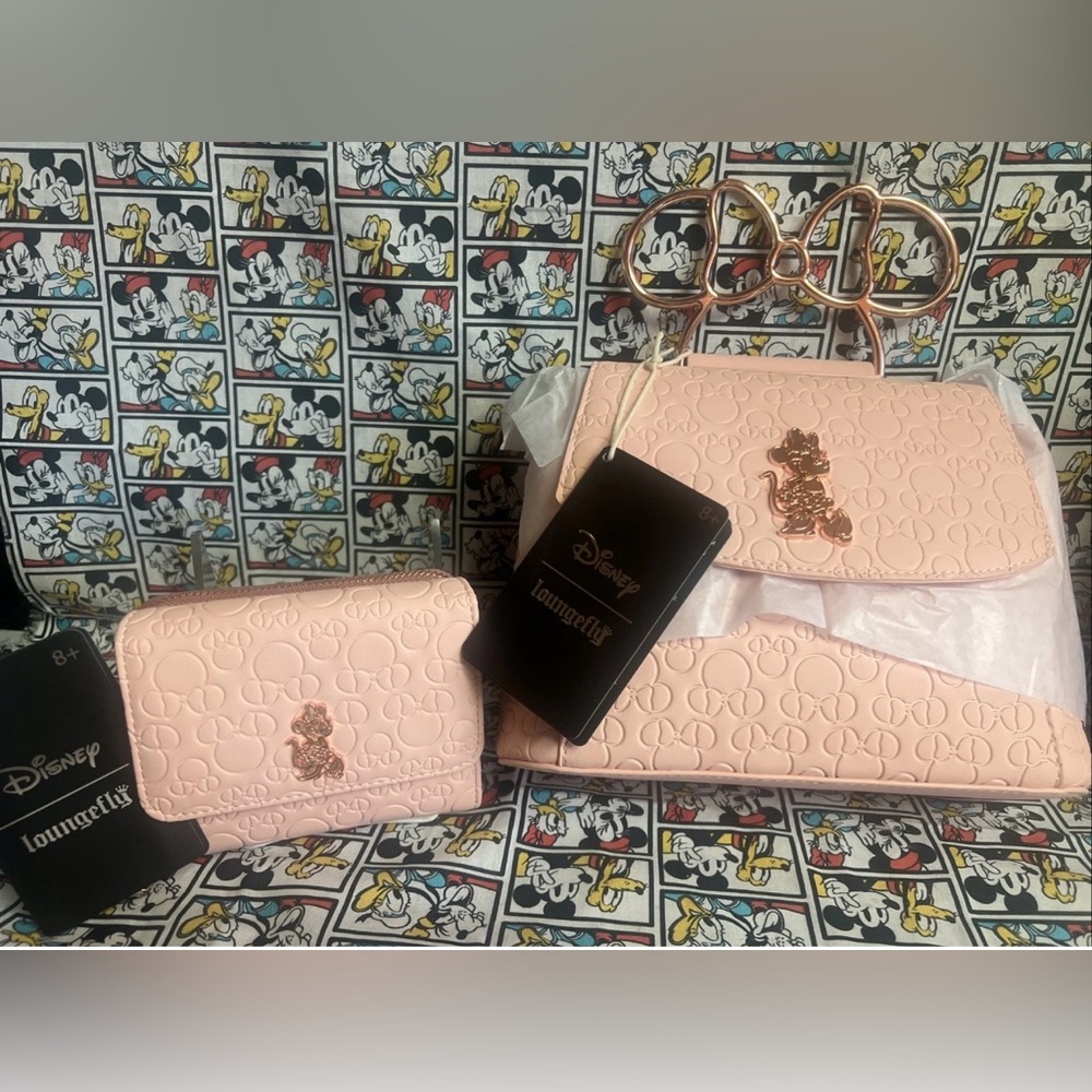 Loungefly Disney Minnie Mouse Embossed Blush Crossbody Bag With WalletSetNWT2025